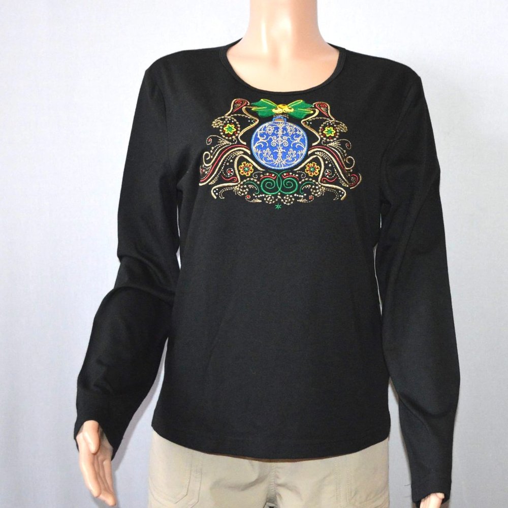 Cappagallo Casuals Embroidered Holiday Ornaments Tee Shirt Top Black Size Large
